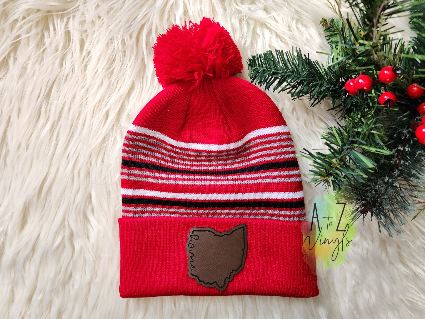 Beanie Striped Red- Ohio Leatherette