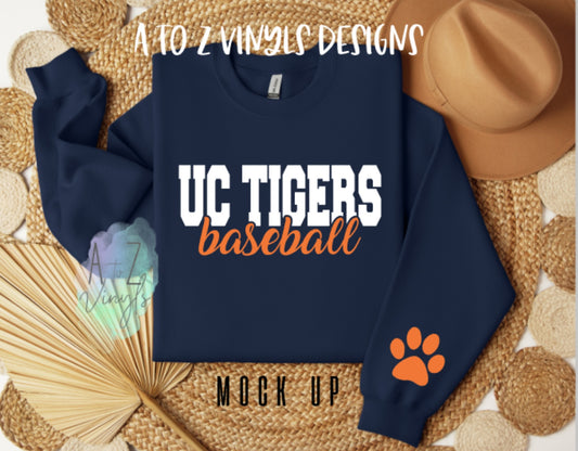 Adult Sweatshirt- UC Tigers baseball with paw on sleeve