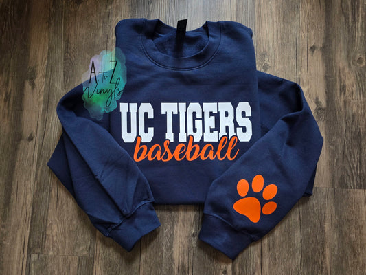 Adult Sweatshirt- UC Tigers baseball with paw on sleeve