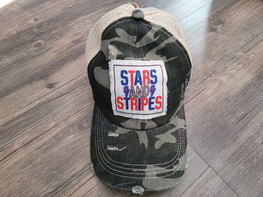 Stars and Stripes Crisscross ponytail adjustable camo hat