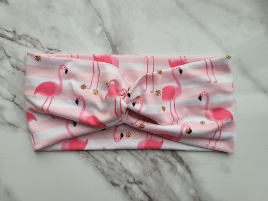 Youth topknot headband- Flamingos