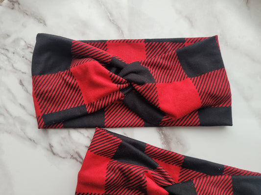 Youth topknot headband- Buffalo plaid