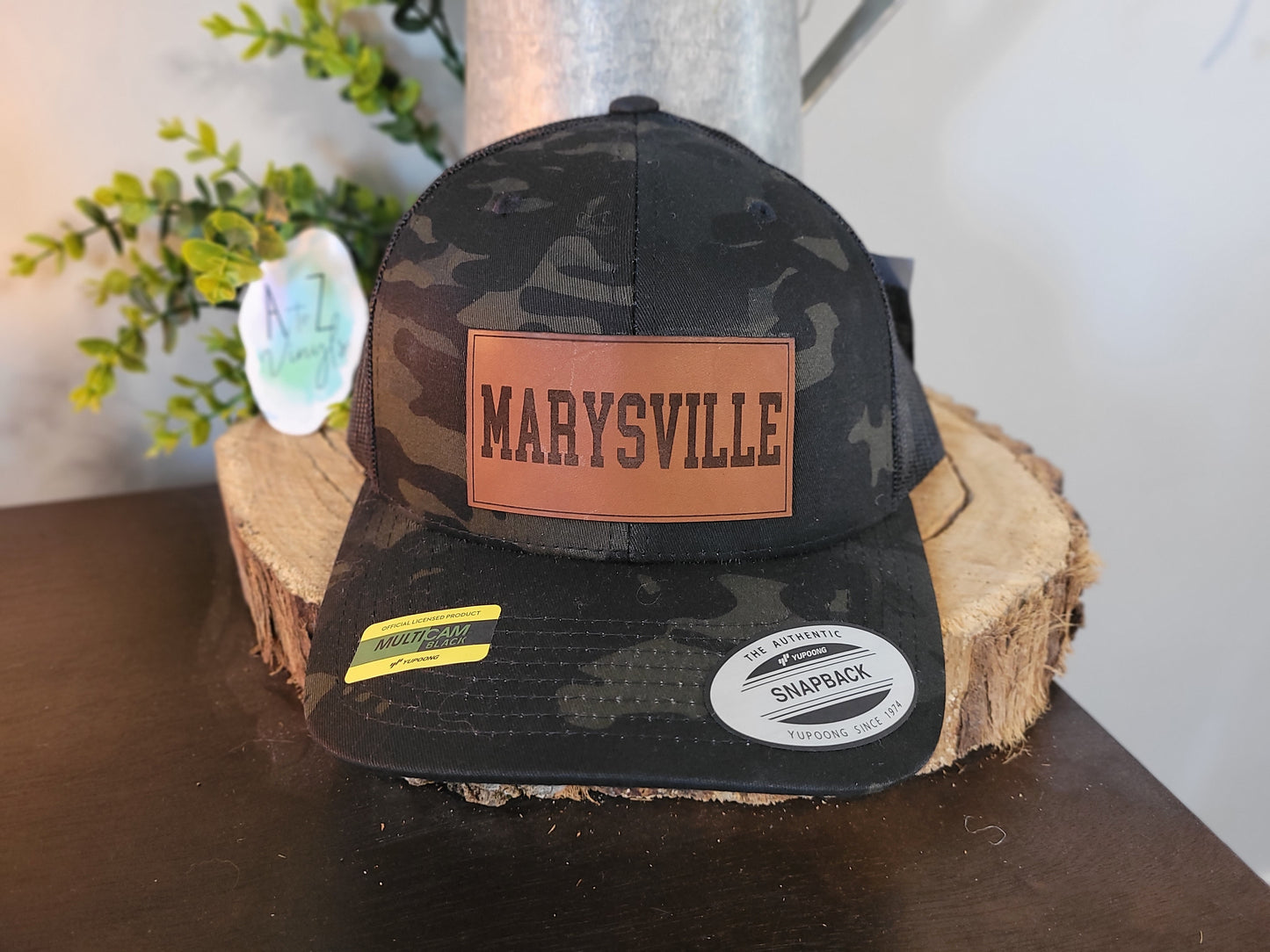 Mens Black Camo hat- Marysville leather patch