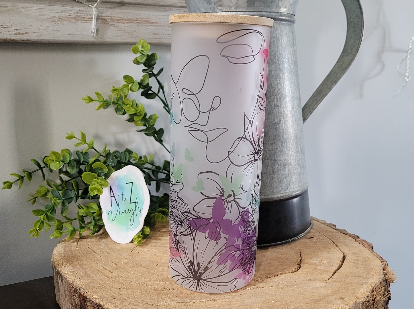 25oz Glass tumbler- floral butterflies