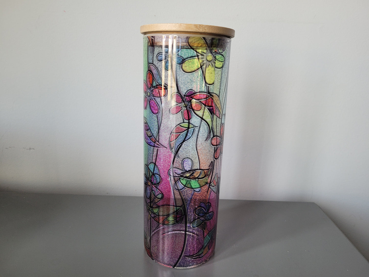 25oz Glass tumbler- Stained Glass florals