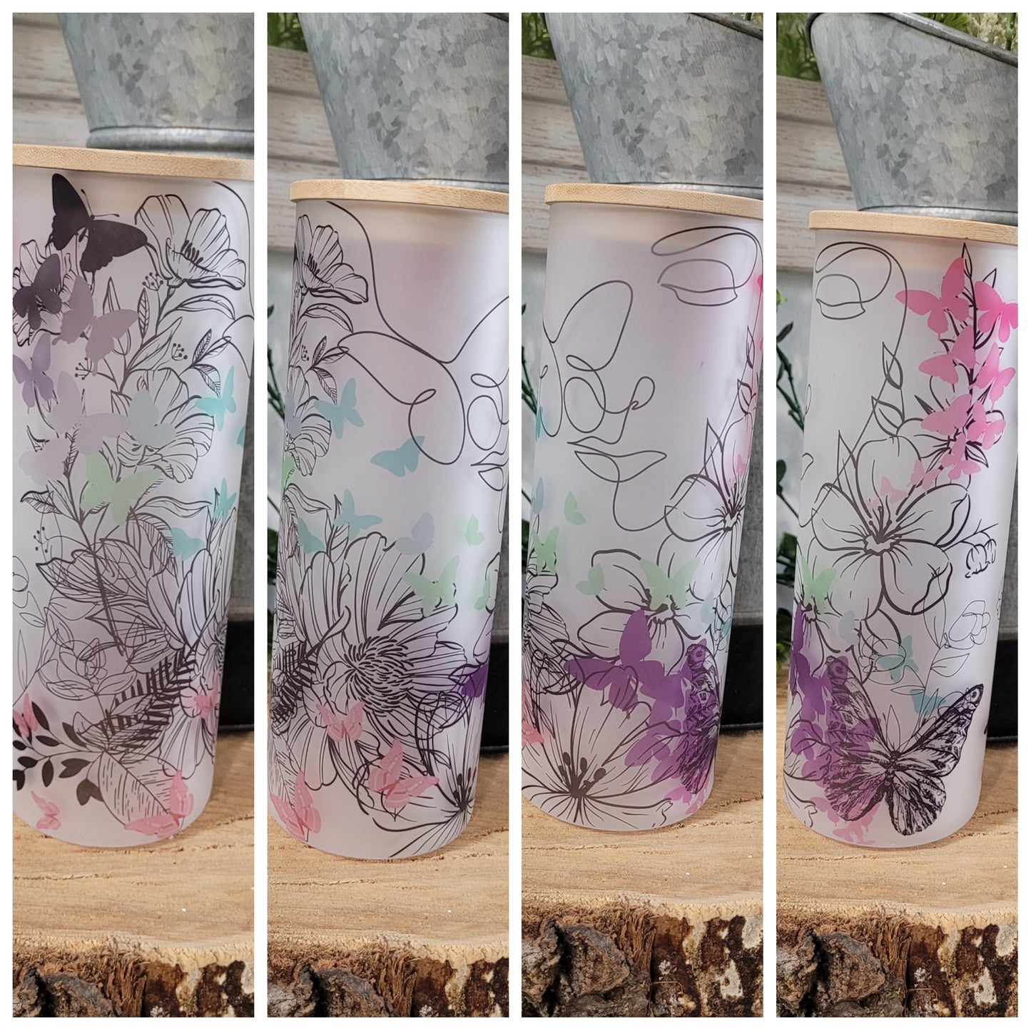 25oz Glass tumbler- floral butterflies