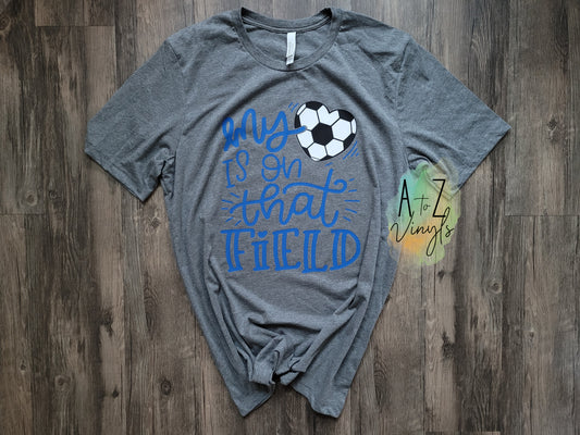 Adult Unisex Grey tee- My heart is on that Field soccer