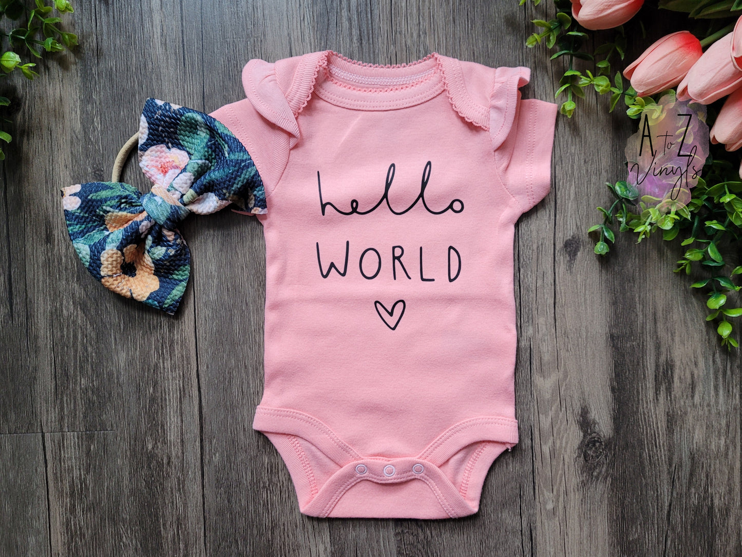 Newborn Pink bodysuit & bow- hello world with floral headband