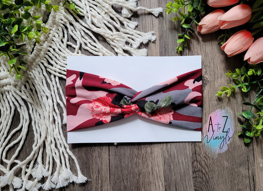 Adult Topknot Headbands- Maroon floral camo