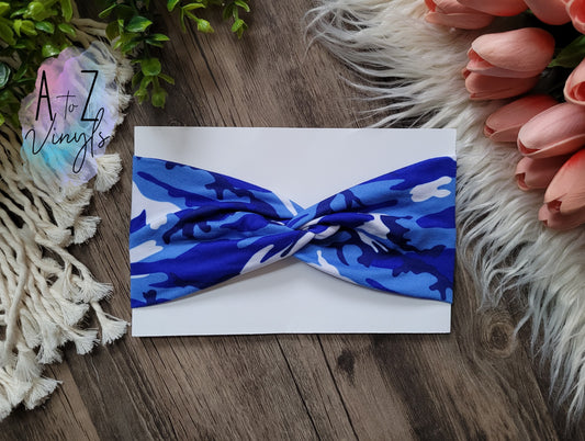 Adult Topknot Headbands- Royal blue camo