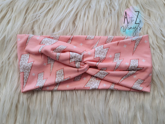 Adult Topknot Headbands- pink with leopard bolts